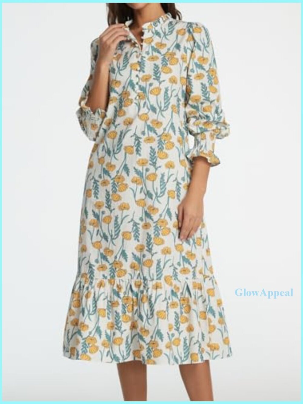 Cotton Midi Dress with Puff Sleeves and Mock Neck for Casual Wear - Picture 4 of 7